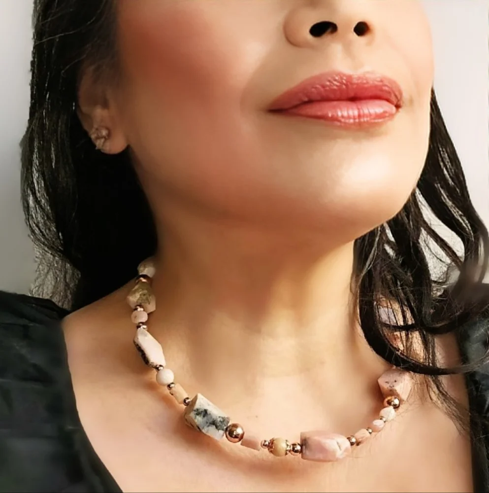 Genuine Pink Opal Large Chunky Stones In Rose Gold Necklace Or Choker